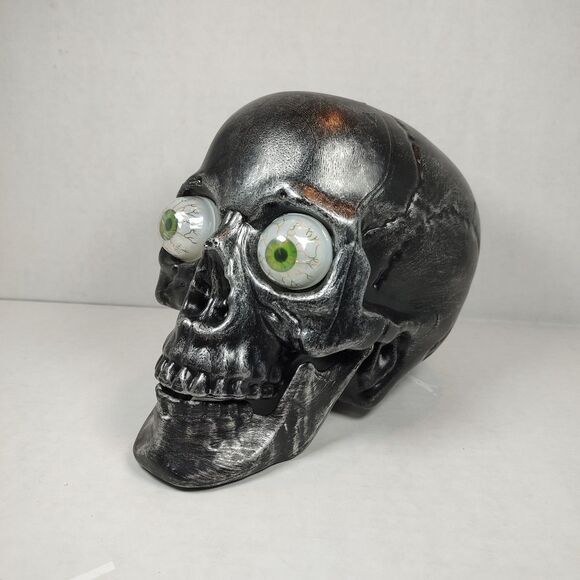 Old East Main Co Black Plastic 7 inch Skull Halloween Tabletop Decor Green Eyes - Picture 2 of 14